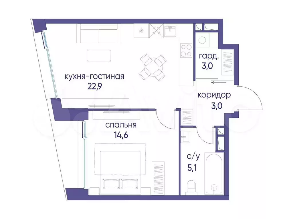 1-к. квартира, 48,6 м, 13/14 эт. - Фото 0