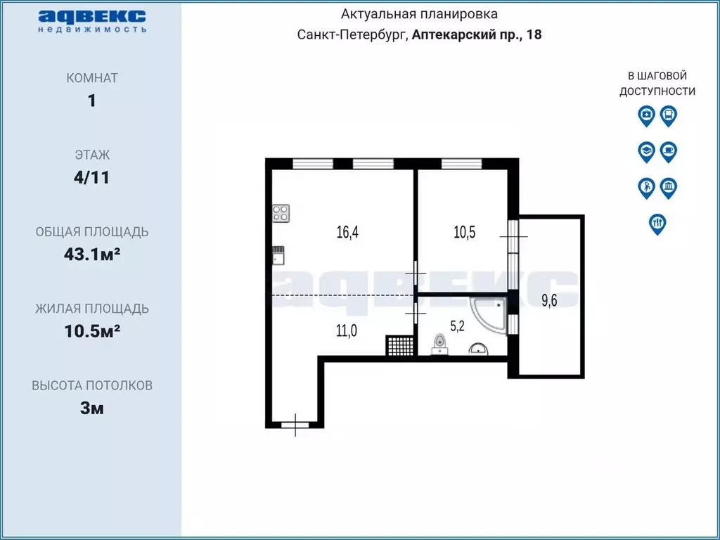 1-к кв. Санкт-Петербург Аптекарский просп., 18 (43.1 м) - Фото 2