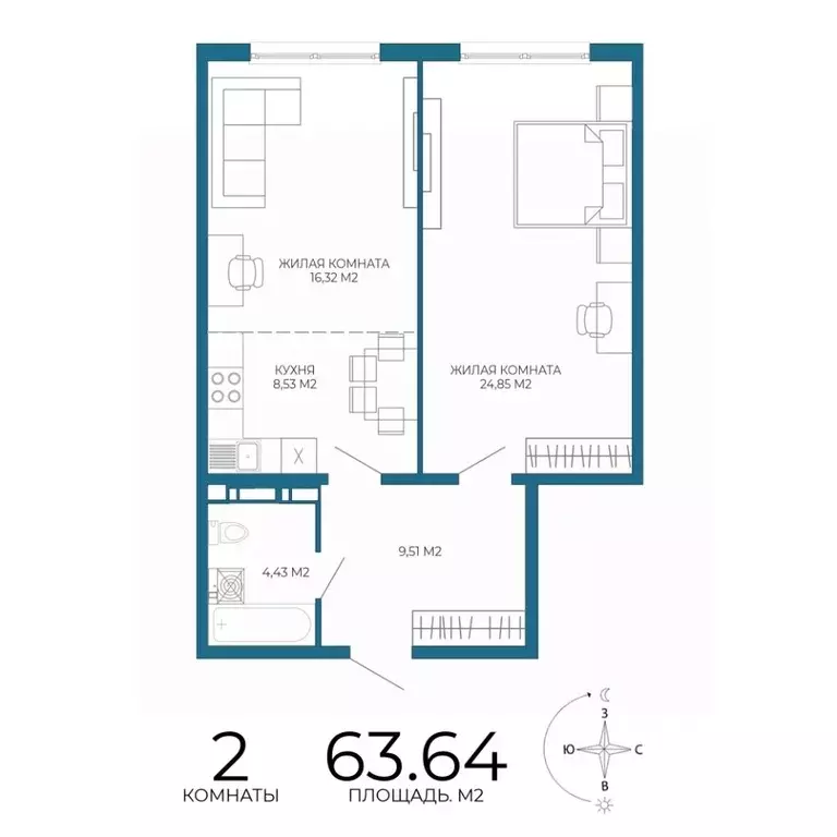 2-к кв. Пензенская область, Пенза Чаадаев жилой комплекс (63.64 м) - Фото 1