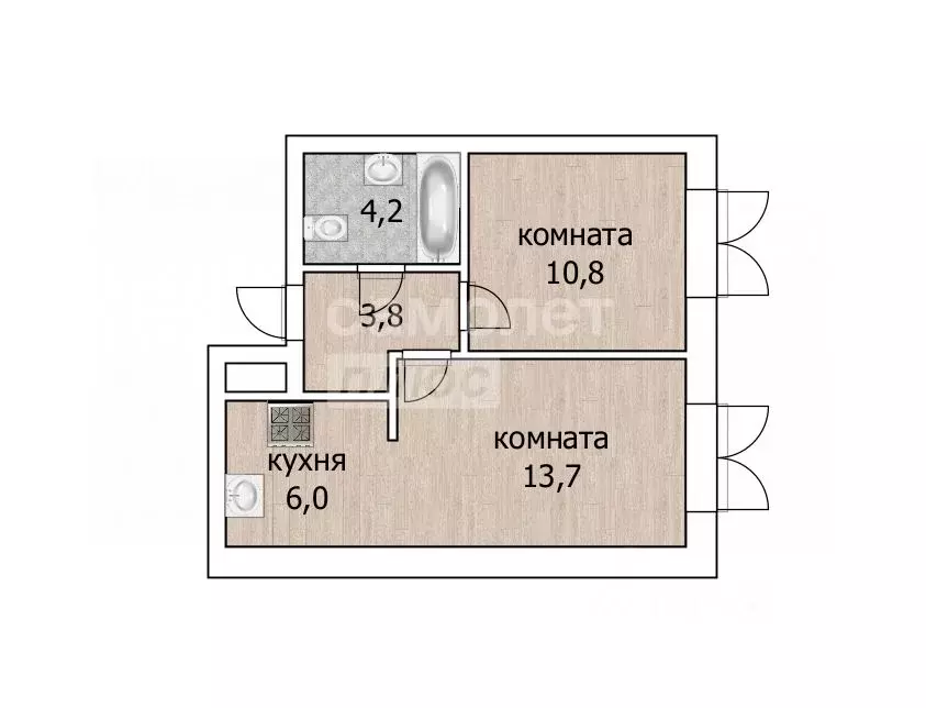 2-к кв. Тюменская область, Тюмень ул. Республики, 204к12 (38.5 м) - Фото 1