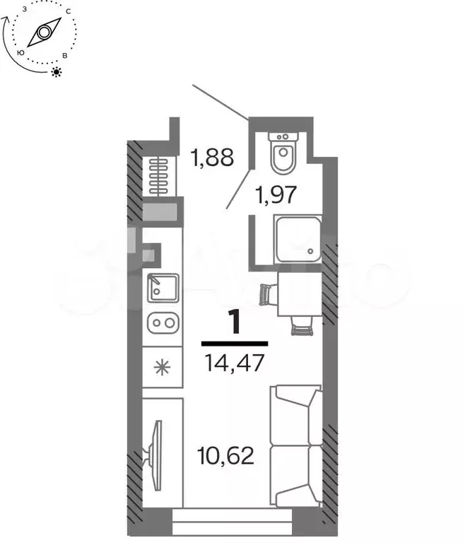 1-к. квартира, 14,5 м, 7/25 эт. - Фото 1