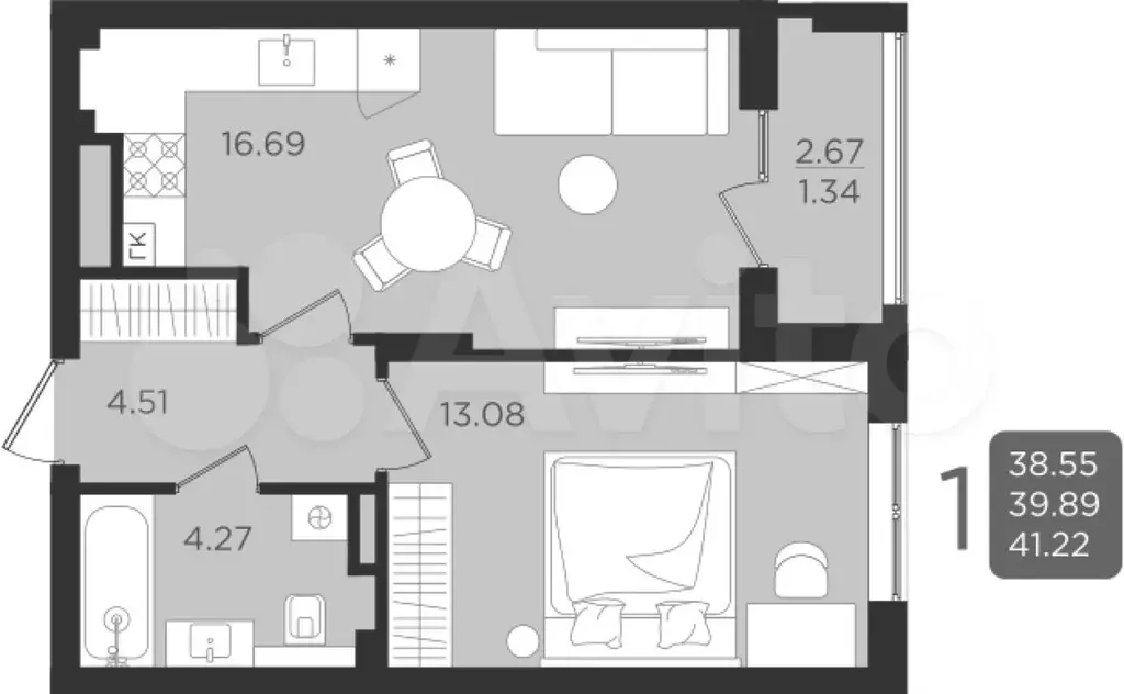 1-к. квартира, 39,9 м, 1/9 эт. - Фото 0