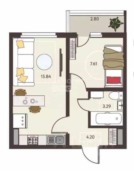 1-к кв. Липецкая область, Липецк ул. Механизаторов, 15Авл1 (31.78 м) - Фото 2