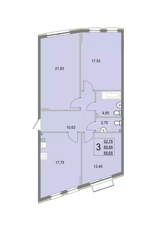 3-к квартира, 88.8 м - Фото 0