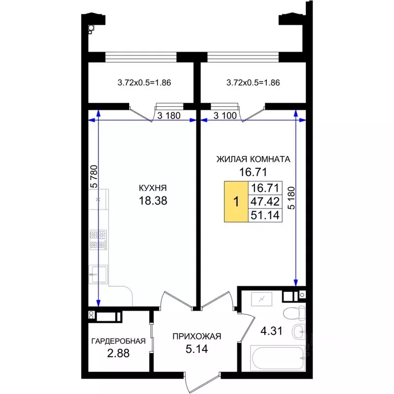 1-к кв. Краснодарский край, Новороссийск 5-я Бригада мкр,  (51.14 м) - Фото 1