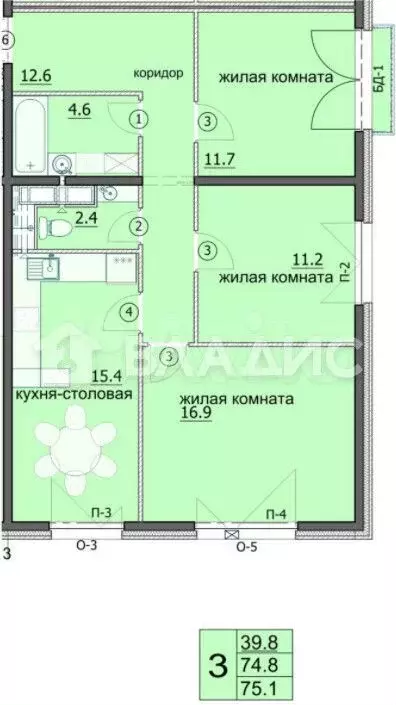 3-к. квартира, 74,8 м, 4/18 эт. - Фото 0