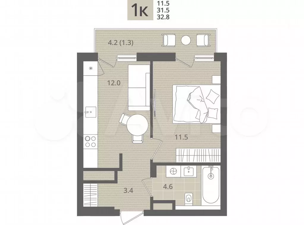 1-к. квартира, 32,8 м, 3/7 эт. - Фото 1