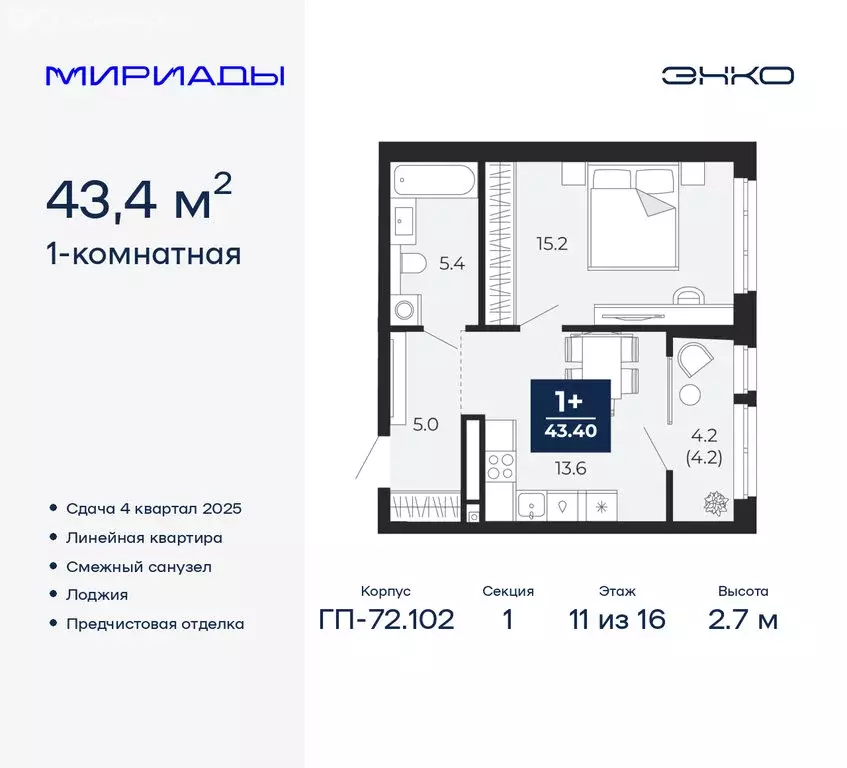 1-комнатная квартира: Тюмень, Ленинский округ (43.4 м) - Фото 0
