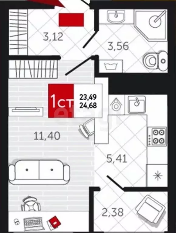 Студия Тульская область, Тула ш. Калужское, 20к2 (24.0 м) - Фото 1