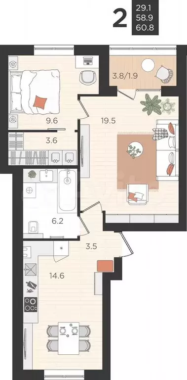 2-к. квартира, 58,9 м, 2/4 эт. - Фото 0