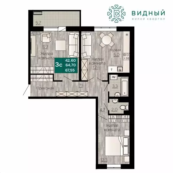 3-комнатная квартира: Пермь, микрорайон КамГЭС (67.55 м) - Фото 0