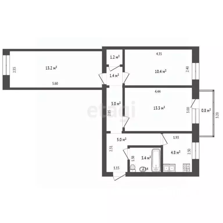 3-к кв. Башкортостан, Стерлитамак Элеваторная ул., 100 (55.7 м) - Фото 1