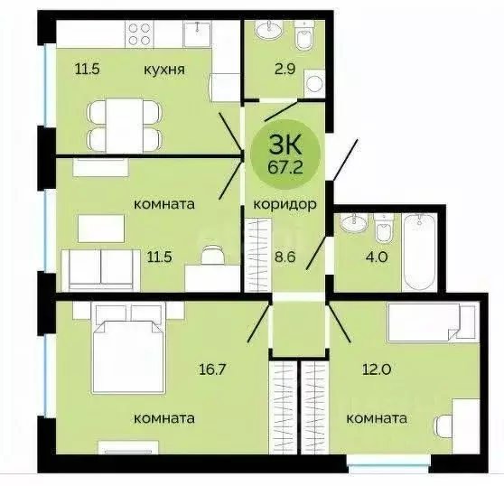 3-к кв. Пермский край, Пермь ул. Яблочкова, 5к1 (67.2 м) - Фото 2