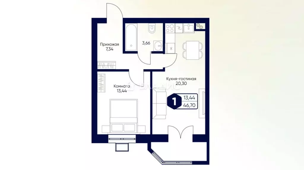 1-комнатная квартира: Озерецкое, квартал Дружба (46.71 м) - Фото 1
