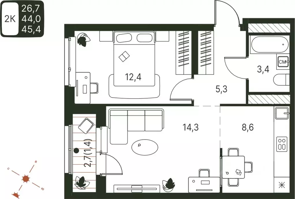 Студия Пермский край, Пермь ул. Серебристая, 1 (45.4 м) - Фото 1