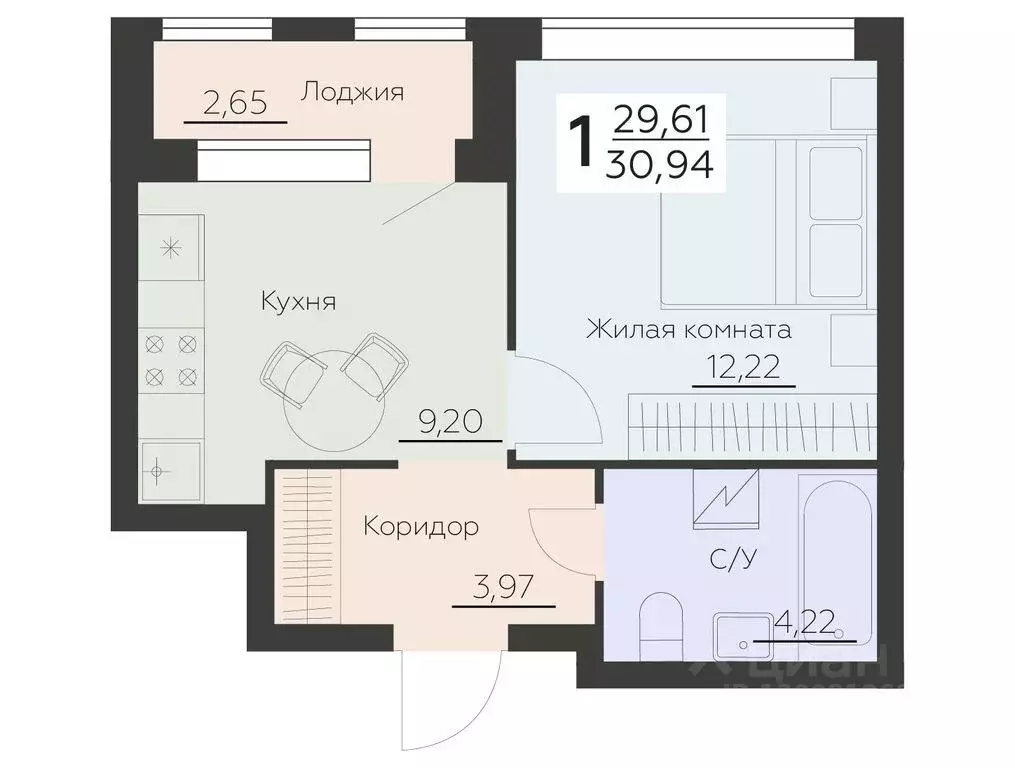 1-к кв. Воронежская область, Воронеж Ленинградская ул., 29Б (30.94 м) - Фото 0