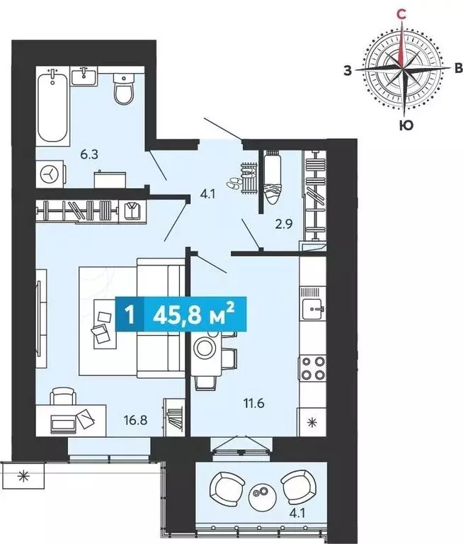 1-комнатная квартира: Засечное, микрорайон Город Спутник (45.8 м) - Фото 1