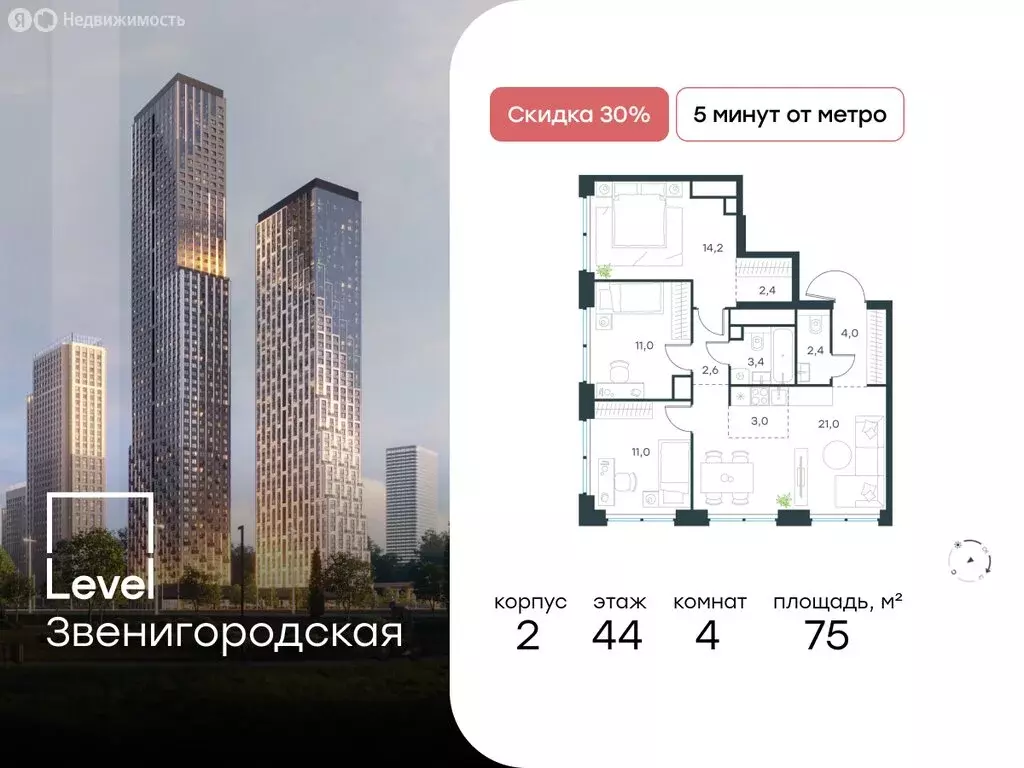 4-комнатная квартира: Москва, жилой комплекс Левел Звенигородская, к2 ... - Фото 0