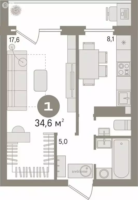 1-комнатная квартира: Екатеринбург, улица Пальмиро Тольятти, 15Г (34.6 ... - Фото 2