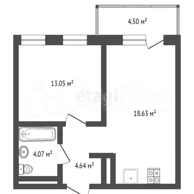 1-к. квартира, 44,9 м, 4/10 эт. - Фото 0