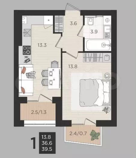1-к. квартира, 36,6 м, 4/4 эт. - Фото 1