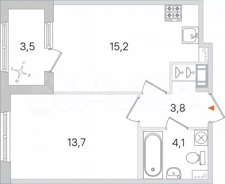 1-к. квартира, 38,6 м, 4/4 эт. - Фото 0