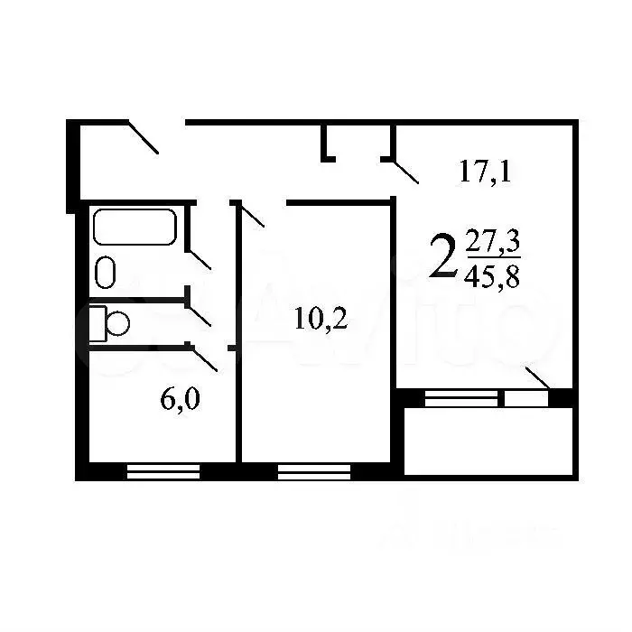 2-к. квартира, 45,8 м, 5/9 эт. - Фото 0