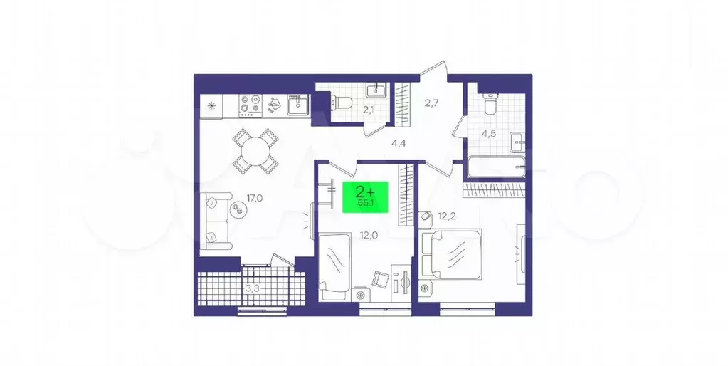 2-к. квартира, 55,1 м, 13/15 эт. - Фото 1