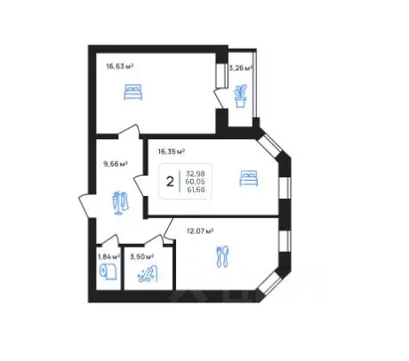 2-к кв. Липецкая область, Липецк ул. Александра Кириллова, 1к1 (61.68 ... - Фото 2