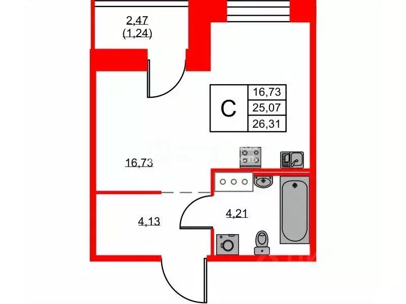Студия Санкт-Петербург просп. Энгельса, 29 (25.3 м) - Фото 2