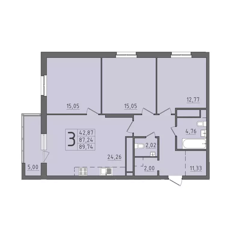 3-к квартира, 89.74 м - Фото 0