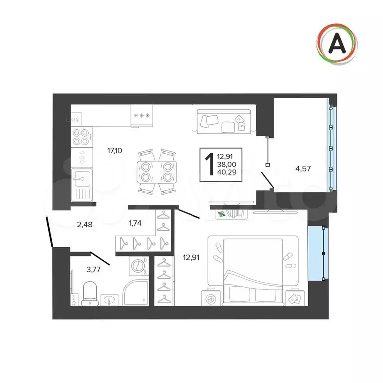 1-к. квартира, 40,3 м, 8/9 эт. - Фото 1