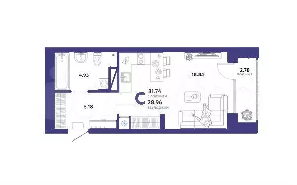 Квартира-студия, 31,7 м, 5/16 эт. - Фото 1