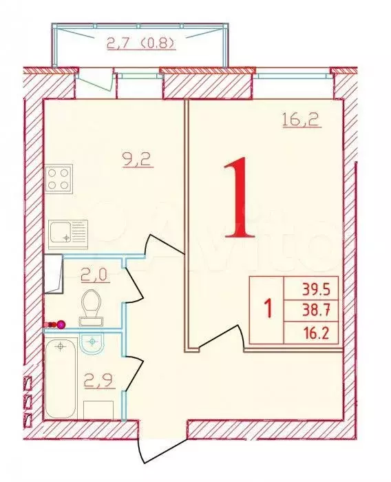 1-к. квартира, 39,5м, 2/9эт. - Фото 0