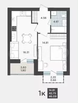 1-к. квартира, 46,1 м, 9/9 эт. - Фото 1