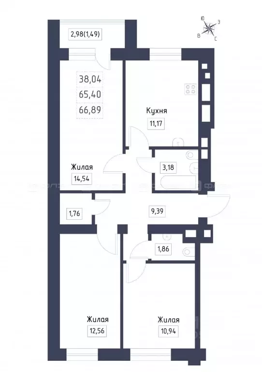 2-к кв. Татарстан, Лаишевский район, с. Сокуры  (66.89 м) - Фото 1