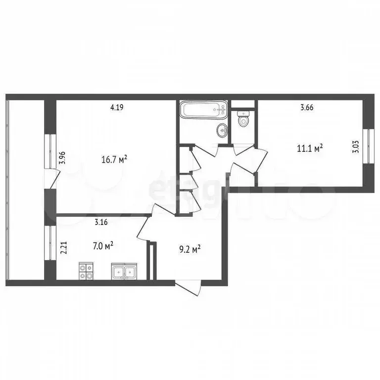 2-к. квартира, 48,8 м, 2/3 эт. - Фото 0