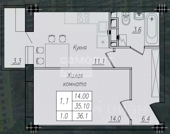 1-к кв. Курская область, Курск ул. Энгельса, 158к1 (36.1 м) - Фото 1