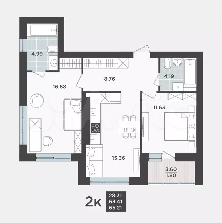 2-к. квартира, 63 м, 9/9 эт. - Фото 1
