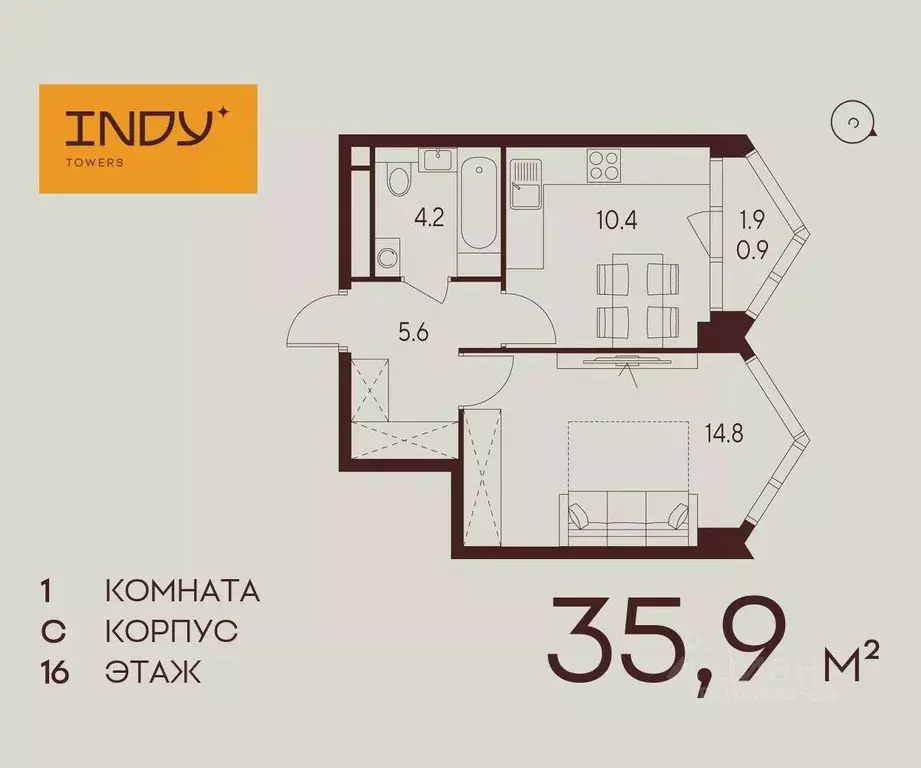 1-к кв. Москва Инди Тауэрс жилой комплекс (35.9 м) - Фото 0