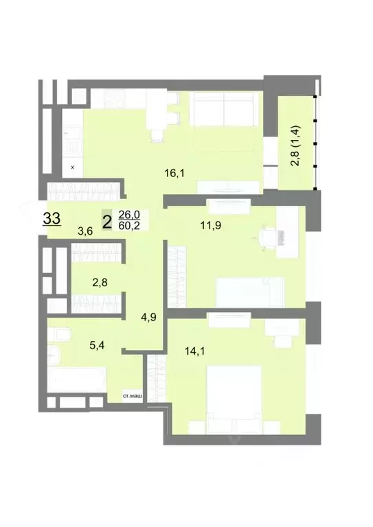 2-к кв. Свердловская область, Екатеринбург ул. Шаумяна, 77 (60.2 м) - Фото 0