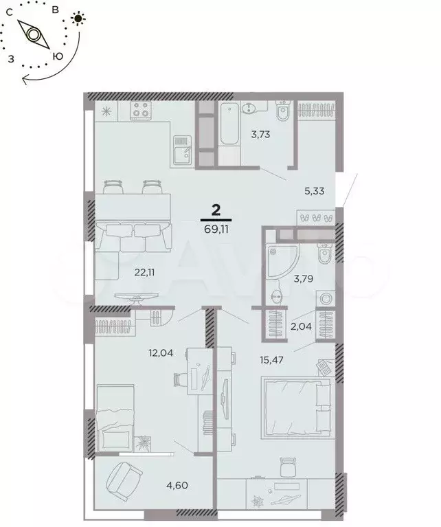 2-к. квартира, 69,1 м, 15/25 эт. - Фото 1