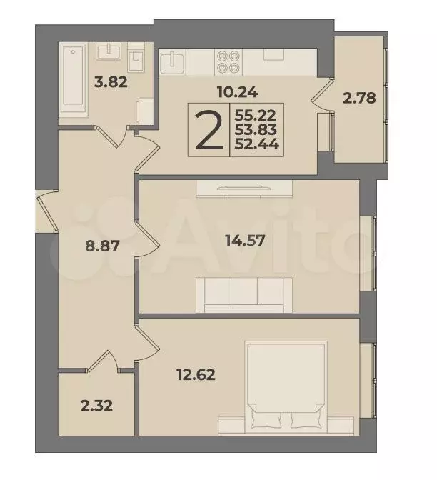 2-к. квартира, 53,8 м, 3/9 эт. - Фото 1