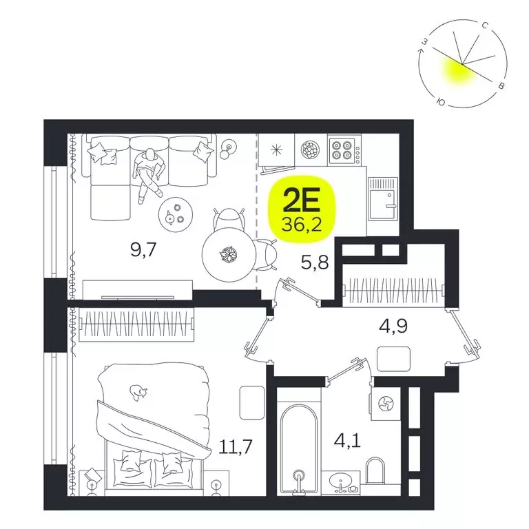 2-комнатная квартира: Екатеринбург, улица Титова, 19Б (36.2 м) - Фото 0