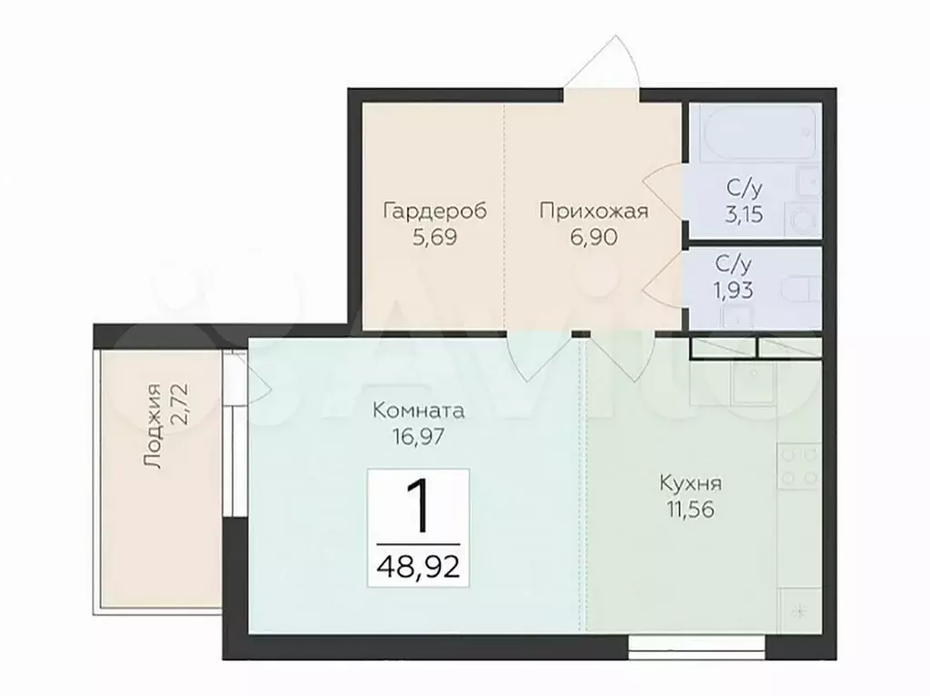 1-к. квартира, 48,9 м, 3/7 эт. - Фото 0