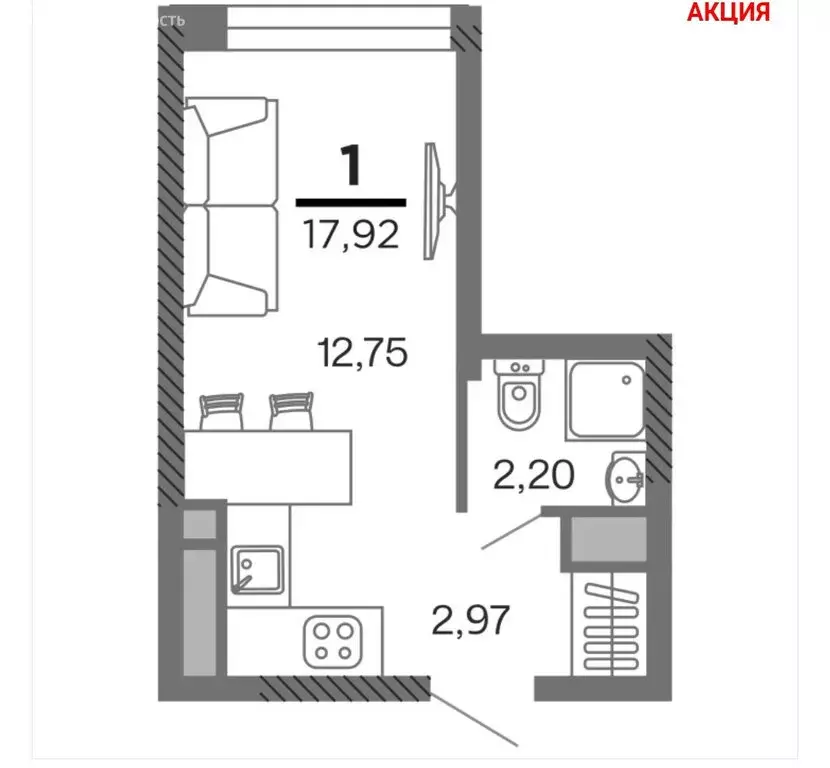 Квартира-студия: Рязань, район Лесок, Озёрная улица, 5 (17.92 м) - Фото 0