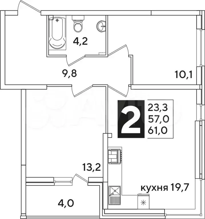 2-к. квартира, 61 м, 1/16 эт. - Фото 1