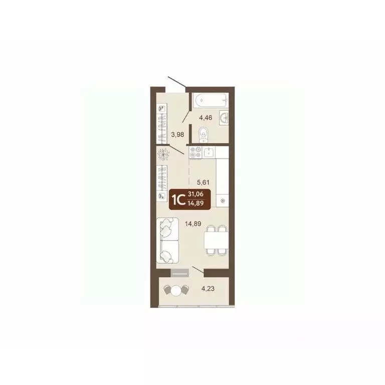 Студия Кемеровская область, Кемерово 58В мкр, 1 (31.06 м) - Фото 2