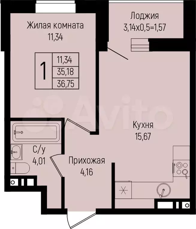 1-к. квартира, 36,8 м, 7/15 эт. - Фото 0