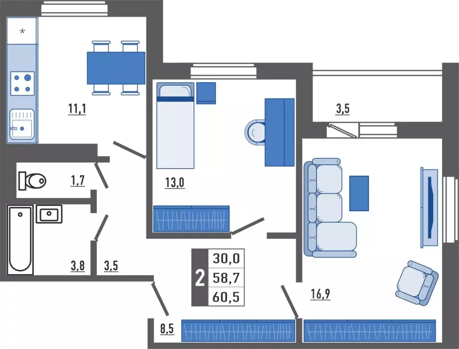 2-к кв. Орловская область, Орел Мясокомбинат мкр,  (60.5 м) - Фото 1